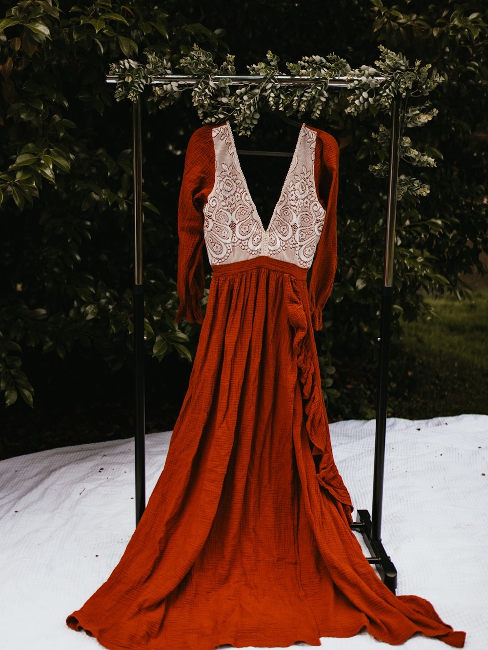 Bohemian Lace-Detail Maxi Dress in Rust